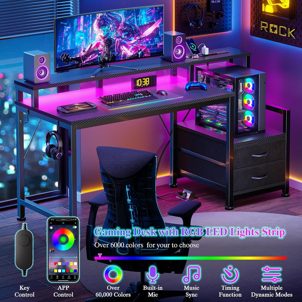 Furologee 47" Gaming Desk With Led Lights & Usb-C Port, Reversible Computer Desk With Monitor Stand, Storage Shelves & 2 Fabric Drawers, Gaming Table With Power Outlets & Hooks, Carbon Fiber Black
