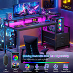 Furologee 47" Gaming Desk With Led Lights & Usb-C Port, Reversible Computer Desk With Monitor Stand, Storage Shelves & 2 Fabric Drawers, Gaming Table With Power Outlets & Hooks, Carbon Fiber Black