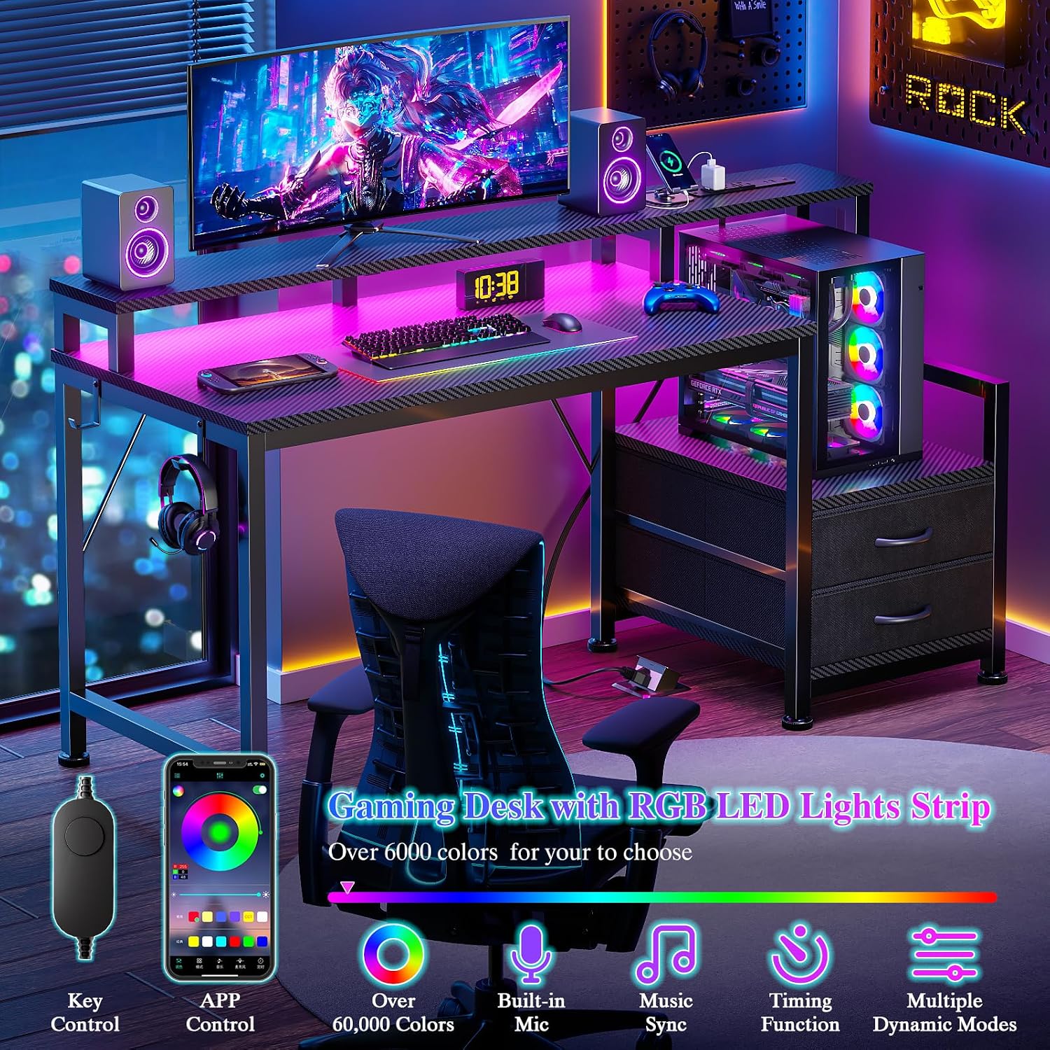Furologee 47" Gaming Desk With Led Lights & Usb-C Port, Reversible Computer Desk With Monitor Stand, Storage Shelves & 2 Fabric Drawers, Gaming Table With Power Outlets & Hooks, Carbon Fiber Black