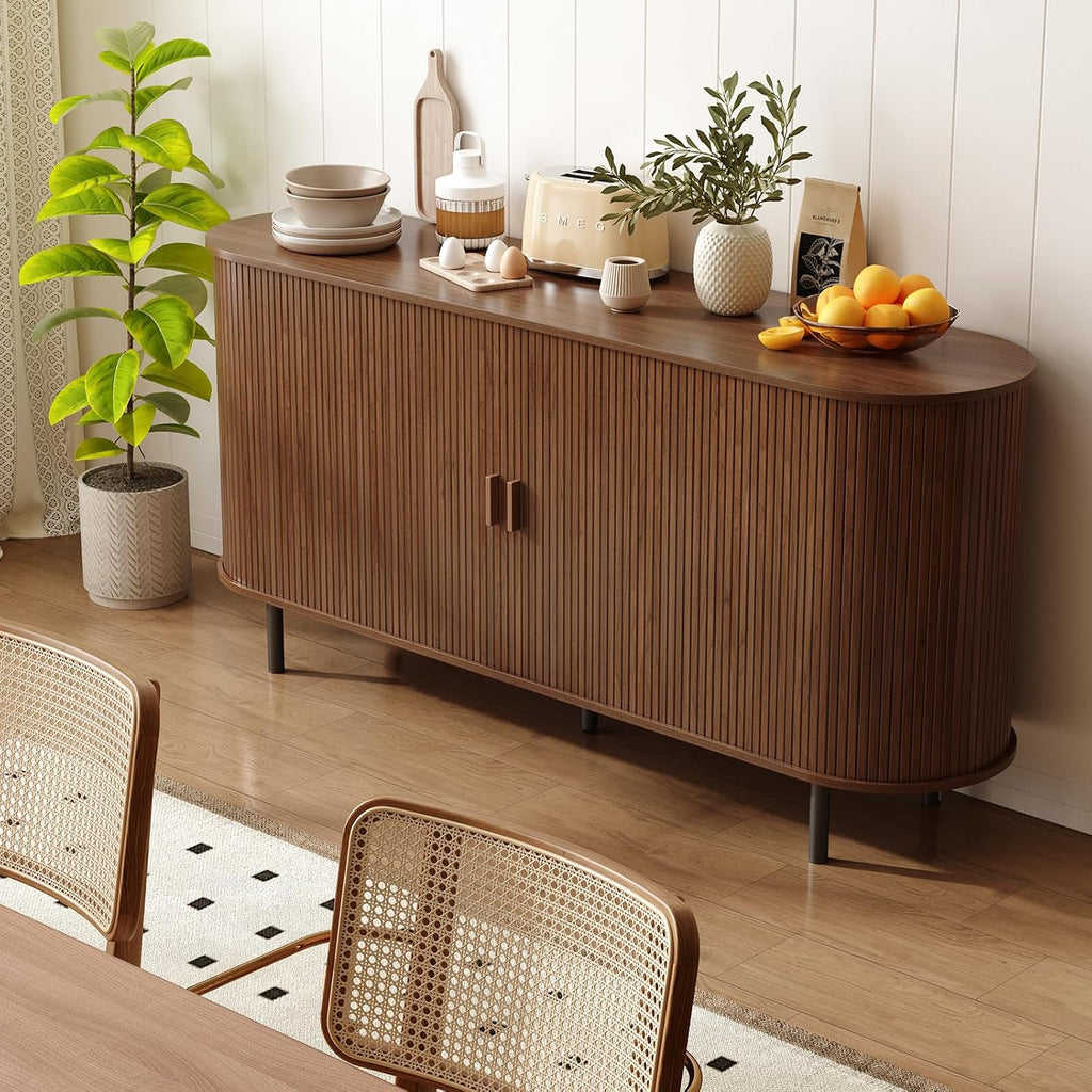 63" Sideboard Buffet Cabinet With Storage, Storage Cabinet With Sliding Door & Adjustable Shelf, Modern Accent Coffee Bar Console Table For Kitchen, Entryway, Walnut