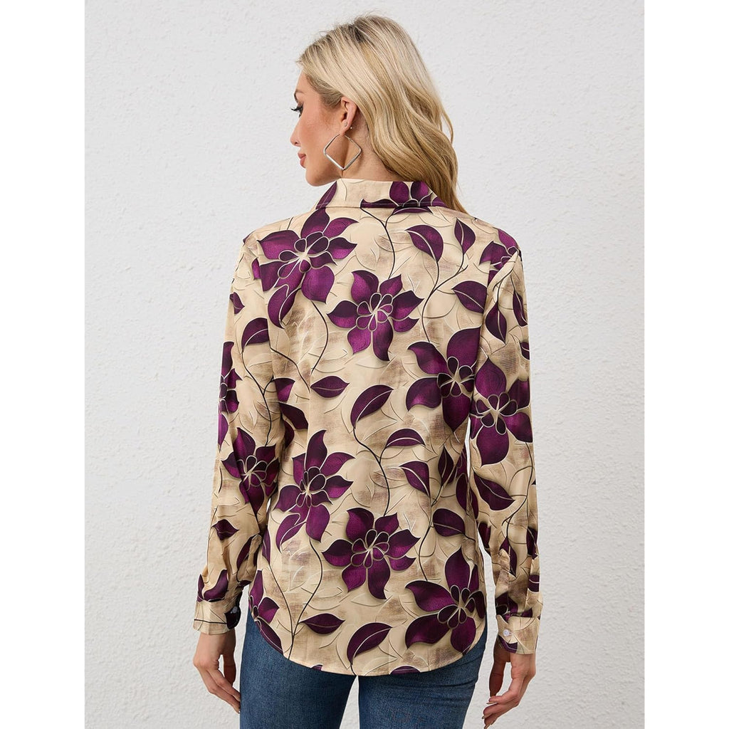 Wrinkle-Resistant Women Silky Button Down Shirts Fashion Printed Dressy Blouse Business Casual Long Sleeve Work Tops