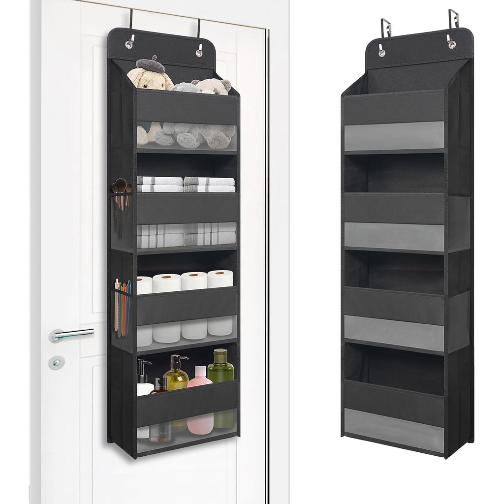 Tymensh Black Over Door Organizer With 4 Large Clear Pockets, Compact Black Hanging Door Storage For Closet, Bathroom, Bedroom, Dorm, Nursery, Toys, Cosmetics, Baby Essentials