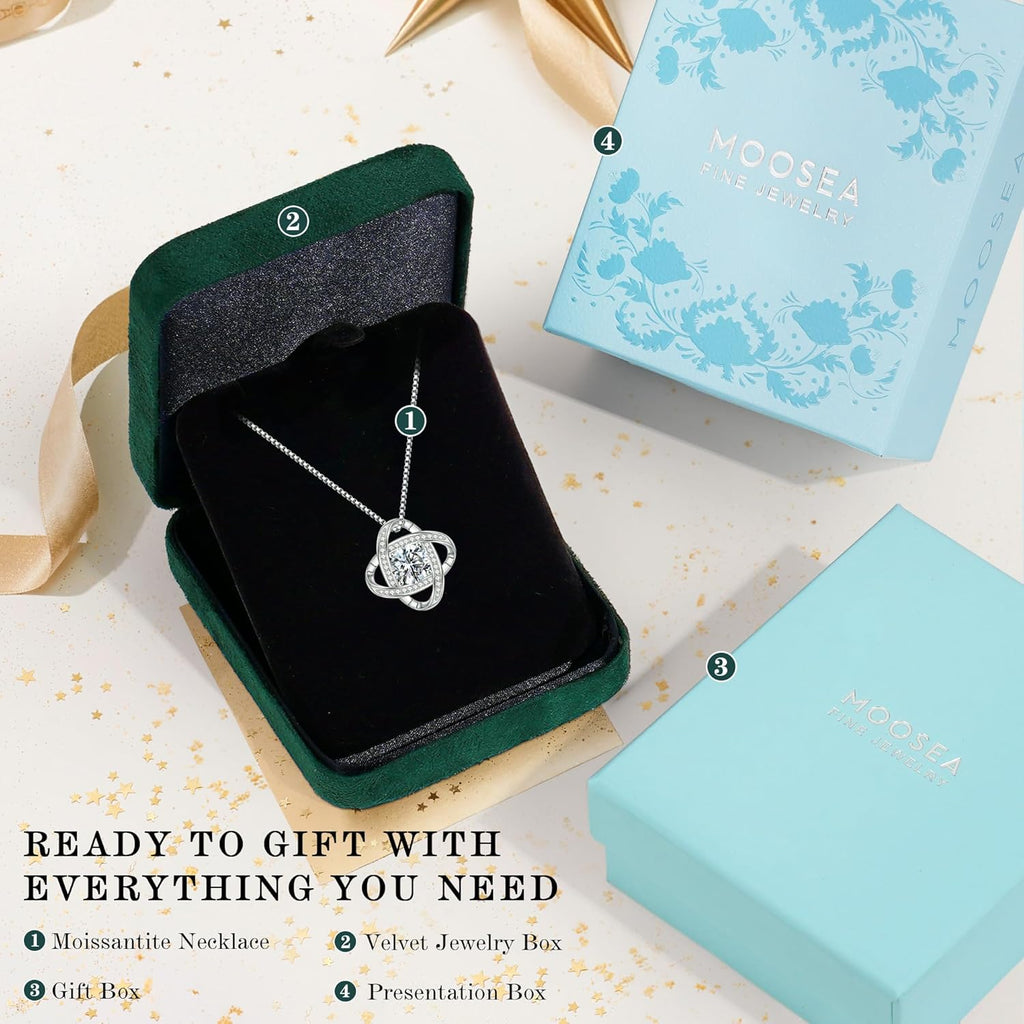 MOOSEA Mothers Day Gifts - 1-3 ct Love Knot Moissanite Necklace, 925 Sterling Silver Lab Created Moissanite Necklace Anniversary Birthday Gifts for Women Mom Wife Girlfriend Jewelry Gift