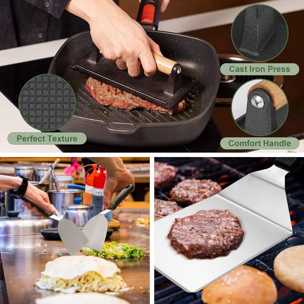 18Pcs Griddle Accessories Kit, Flat Top Grill Accessories Set For Blackstone And Camp Chef, Grill Spatula Set With Enlarged Spatulas, Basting Cover, Scraper For Outdoor Bbq