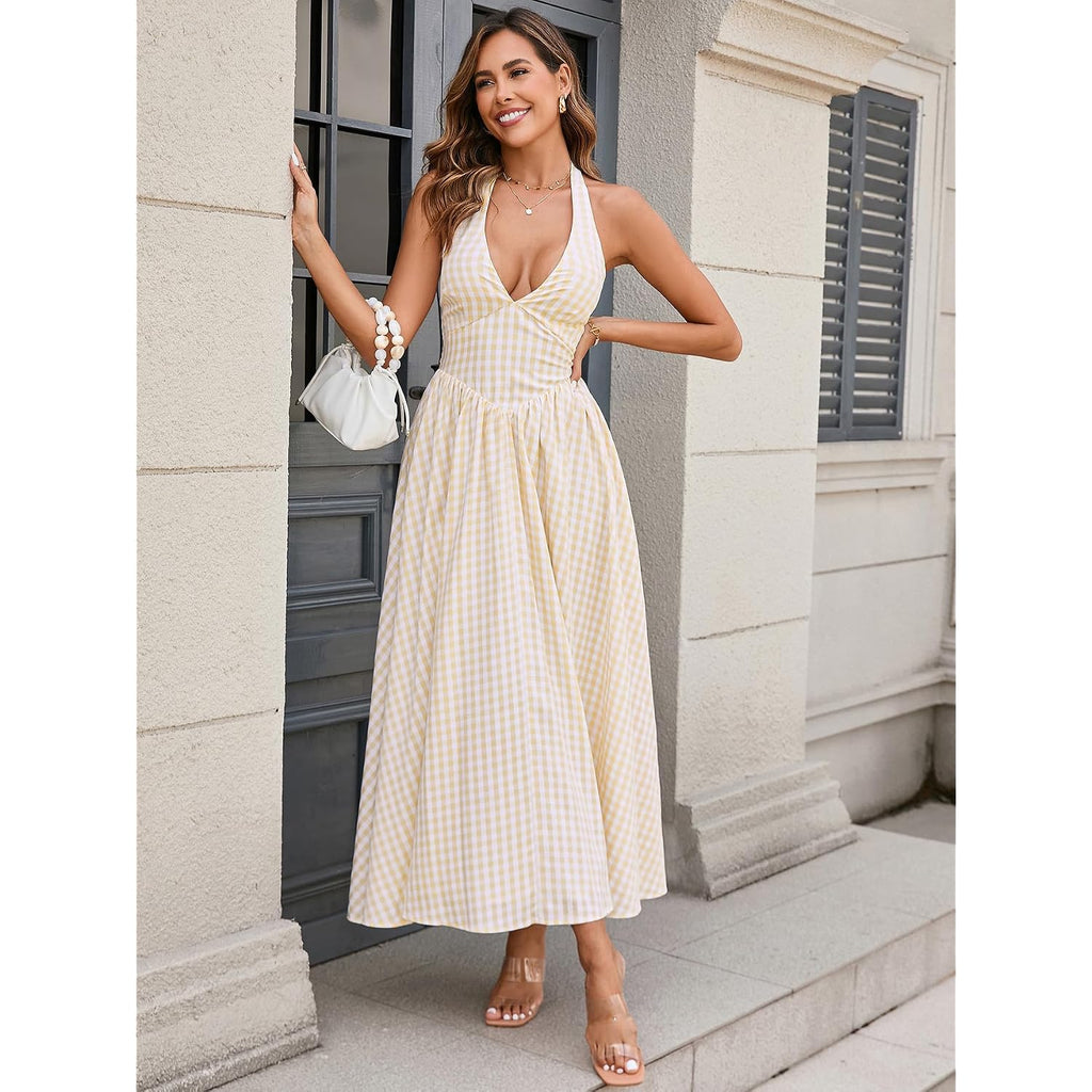 Parthea Women'S Gingham Halter V Neck Midi Dress Corset Smocked Sundress Flowy A Line Wedding Guest Dresses