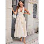 Parthea Women'S Gingham Halter V Neck Midi Dress Corset Smocked Sundress Flowy A Line Wedding Guest Dresses