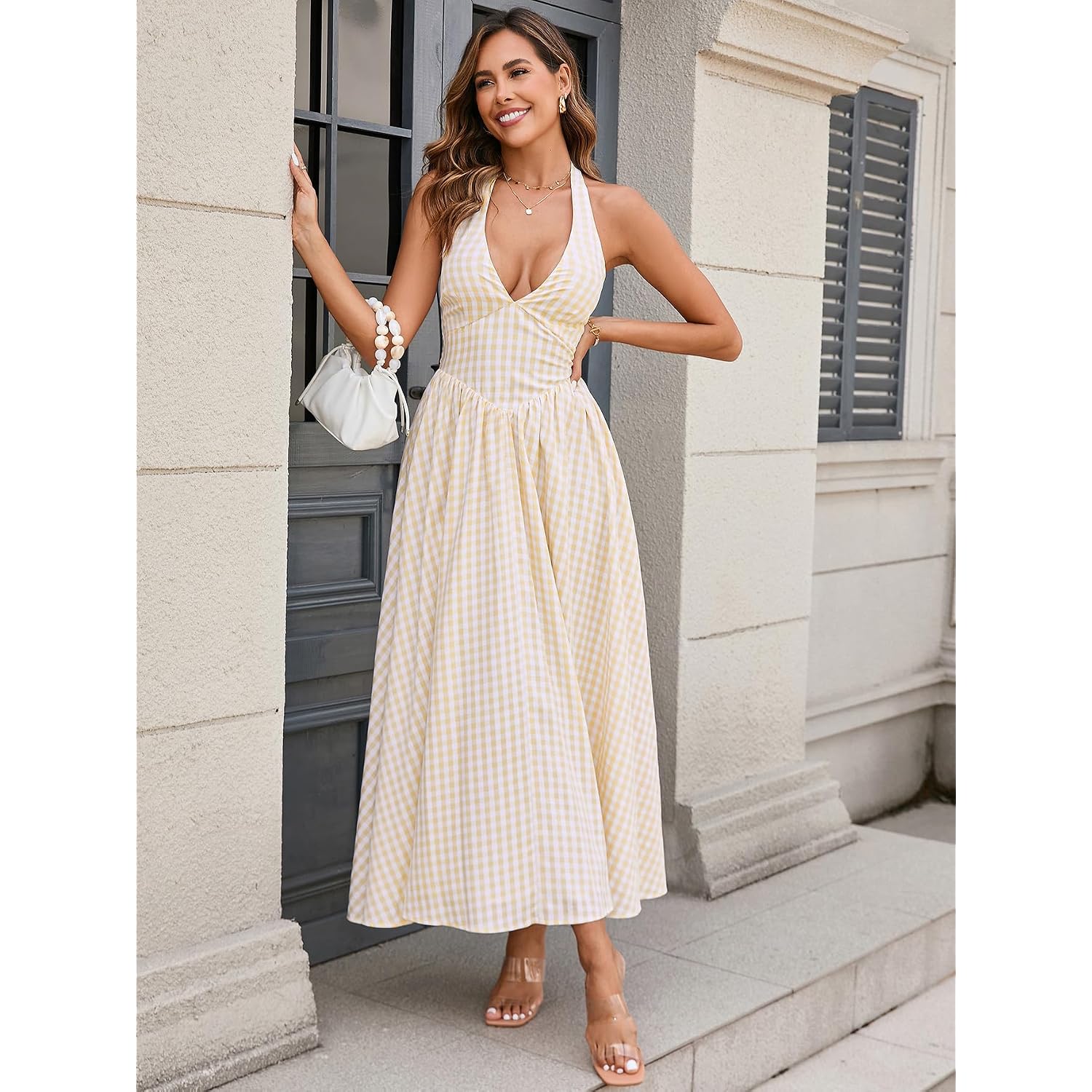 Parthea Women'S Gingham Halter V Neck Midi Dress Corset Smocked Sundress Flowy A Line Wedding Guest Dresses