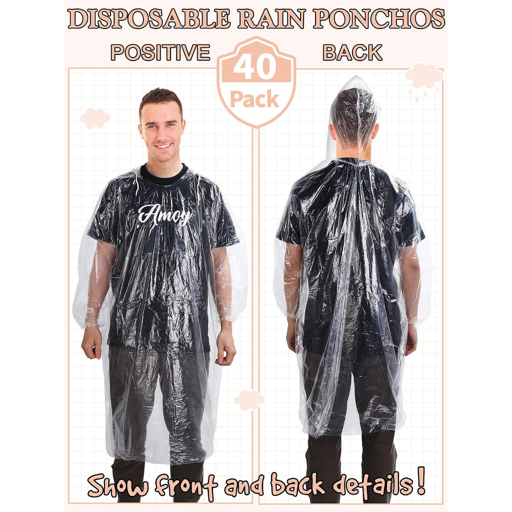40 Pack Disposable Rain Ponchos For Adults Disposable Ponchos Pack With Drawstring Hood Elastic Sleeves Raincoat For Camping