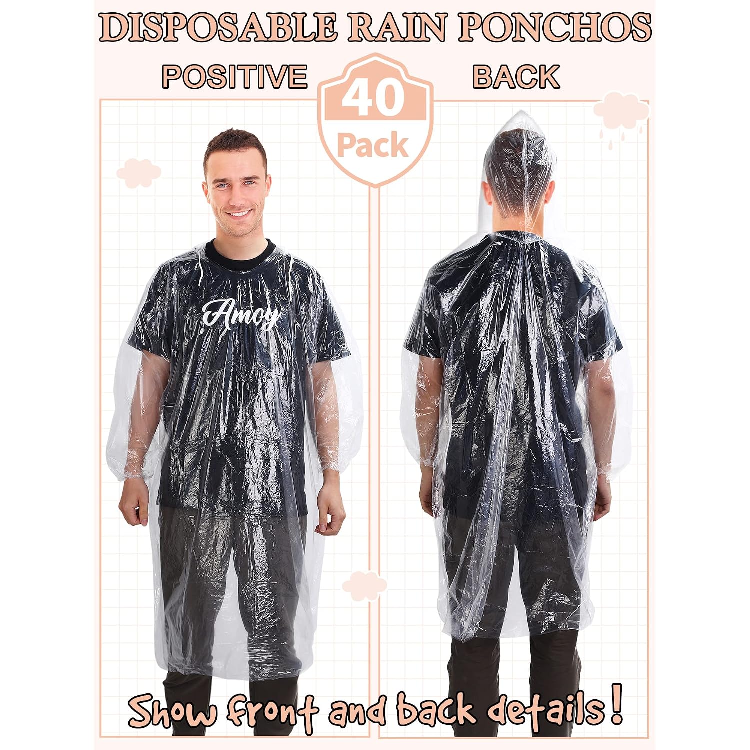 40 Pack Disposable Rain Ponchos For Adults Disposable Ponchos Pack With Drawstring Hood Elastic Sleeves Raincoat For Camping