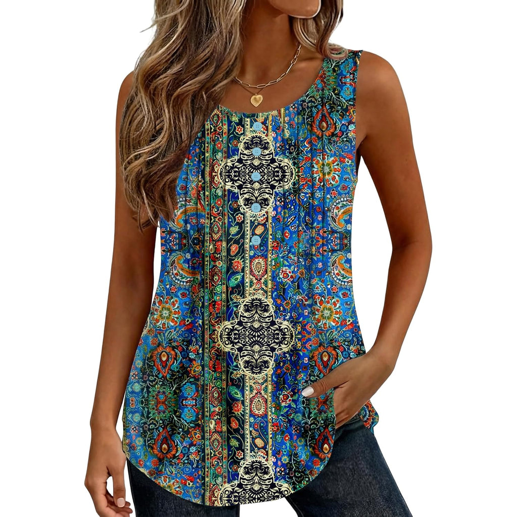 Womens Tank Tops 2026 Summer Loose Fit Crew Neck Boho Tunic Pleated Babydoll Sleeveless Shirts with Button Detail