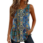 Womens Tank Tops 2026 Summer Loose Fit Crew Neck Boho Tunic Pleated Babydoll Sleeveless Shirts with Button Detail