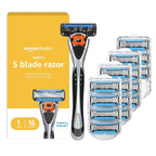Amazon Basics 5-Blade MotionSphere Men's Razor with Dual Lubrication, Vitamin E, Precision Trimmer, 1 Handle & 16 Cartridges, Black