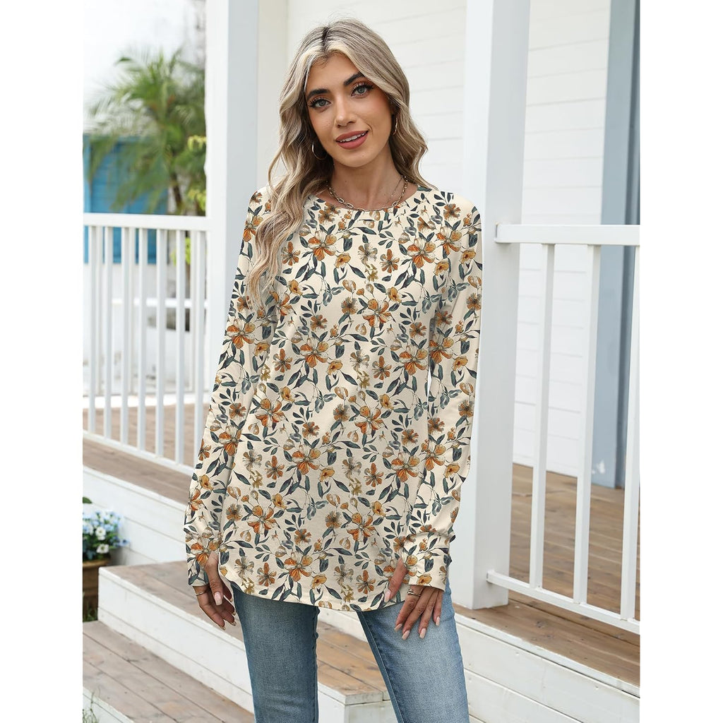 Zeagoo Women's Casual Long Sleeve Shirts Crew Neck Round Hem Loose T-Shirts Tunic Tops with Thumb Holes