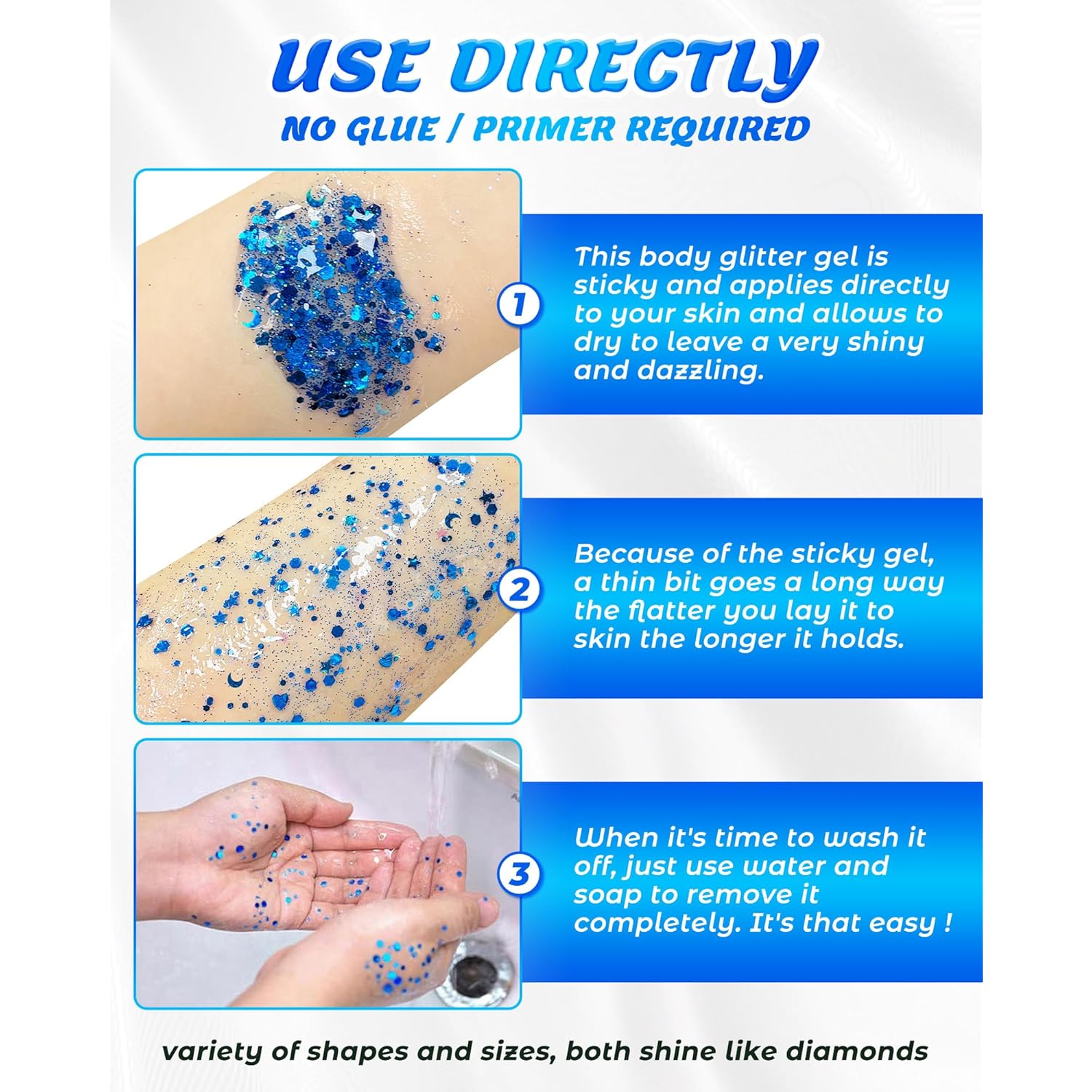 6PCS Blue Face Body Glitter Gel，Holographic Chunky Sequins Body Glitter Paint for Party Singer Concerts Music Festival Rave Accessories for Girls Women Face Body DIY Sparkling Makeup
