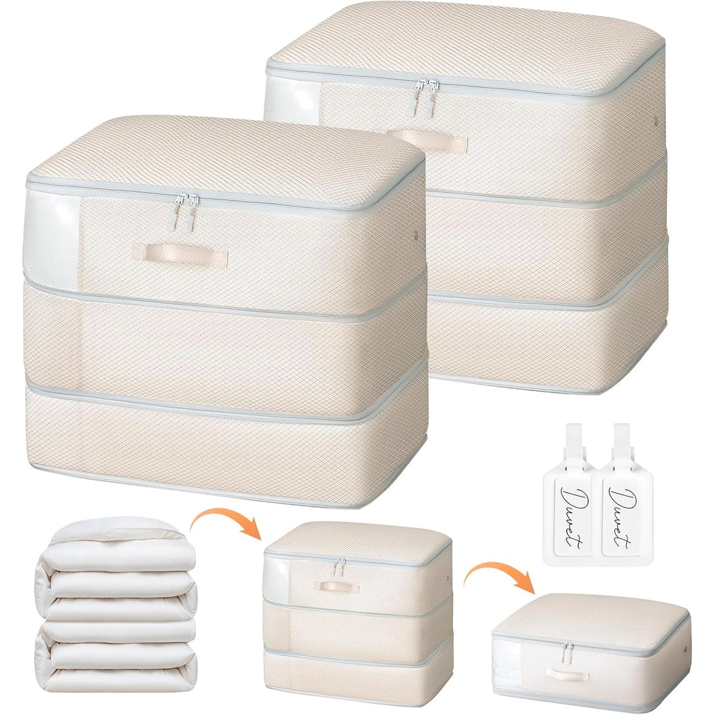 Comforter Storage Bag - Large Capacity Blanket Storage Bags 3-Layer Ultra Space Saving Self Compression Organizer, Washable Compression Bags For Storage Comforter Blanket, 2-Pack, Beige