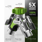 Rainpoint Garden Hose Splitter 2 Way, All Metal Heavy Duty Water Hose Y Splitter With 2.05" Extra Long Side Handle & Shut Off Valves, 3/4 Inch Ght Thread Connector For Outdoor Spigot Faucet (Green)