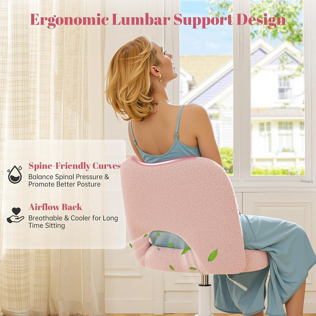 Vanity Chair With Open Back & Wheels,Armless,Pink