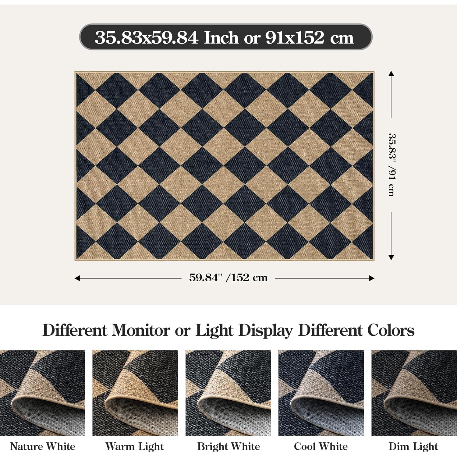 Lahome Colette Checkered Easy Jute 3x5 Outdoor Patio Rug, Washable Rugs for Entryway Diamond Indoor Outdoor Living Room Carpet, Farmhouse Neutral Non Slip Black Door Carpet for Patriotic Decor