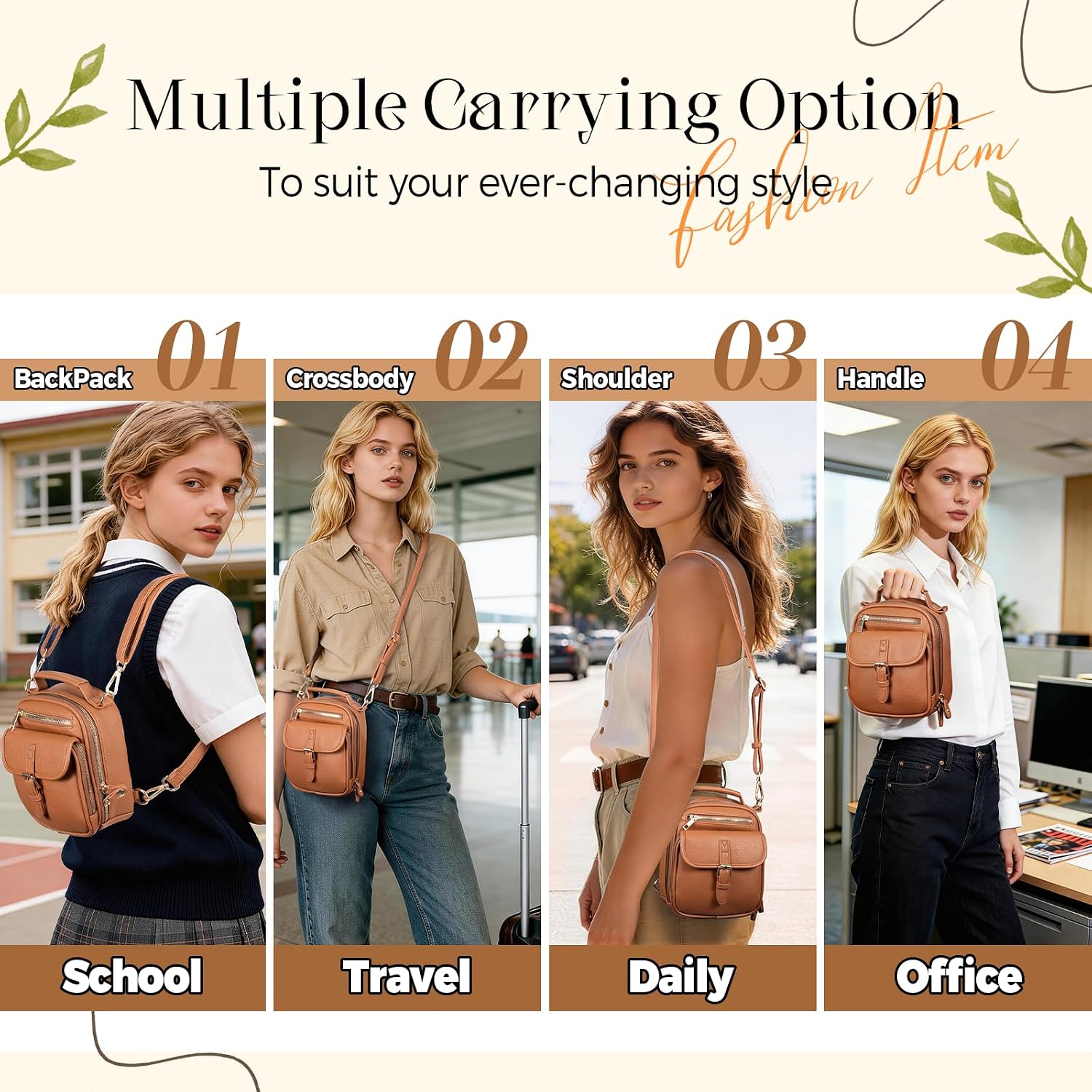 Vegan Leather Crossbody Bag For Women With 2 Straps, Small Messenger Bag With Anti Theft Zipper Pocket Vintage Shoulder Bag