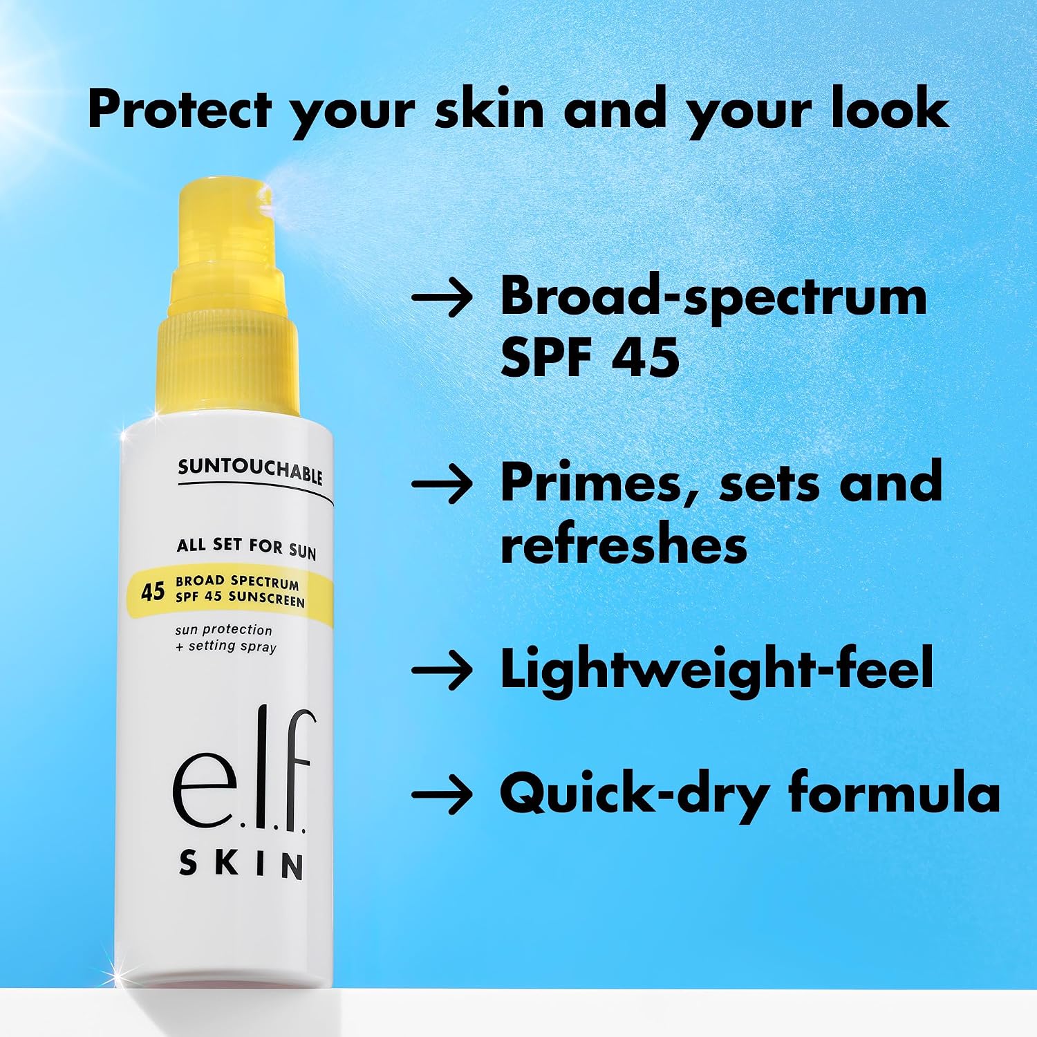 E.L.F. Skin All Set For Sun Spf 45 Setting Spray, Clear Makeup Setting Mist + Sunscreen, Weightless Spf Face Protection & Makeup-Locking Spray, Vegan & Cruelty-Free