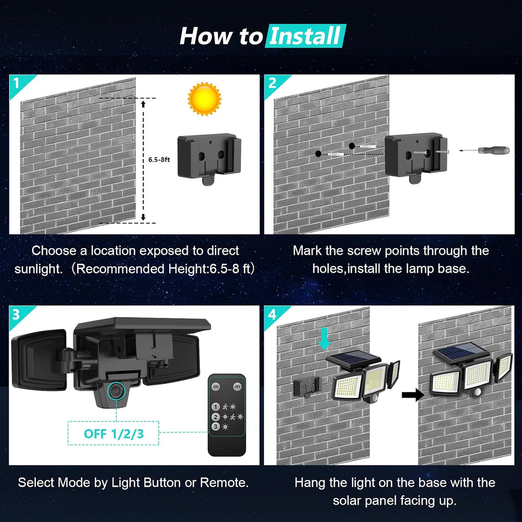 Tuffenough Solar Outdoor Lights 2500Lm 210 Led Security Lights With Remote Control,3 Heads Motion Sensor Lights, Ip65 Waterproof,270° Wide Angle Flood Wall Lights With 3 Modes(2 Packs)