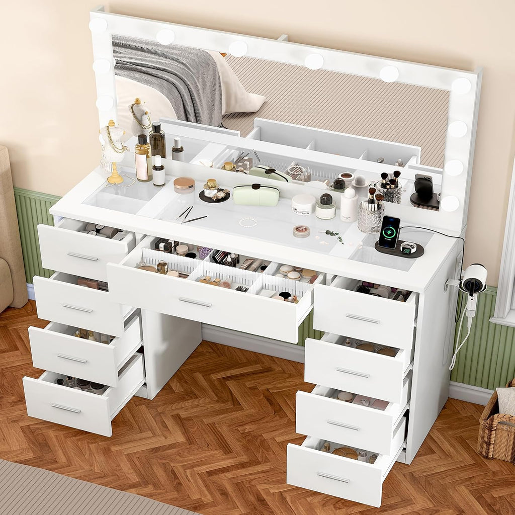 Fioneso 46" Vanity Desk With Glass Top & Lights Mirror, 3 Adjustable Lighting Color, Makeup Vanity With 9 Drawers And 12 Led Lights, Dressing Table For Bedroom, Vanity For Girls, White