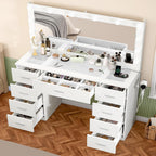 Fioneso 46" Vanity Desk With Glass Top & Lights Mirror, 3 Adjustable Lighting Color, Makeup Vanity With 9 Drawers And 12 Led Lights, Dressing Table For Bedroom, Vanity For Girls, White