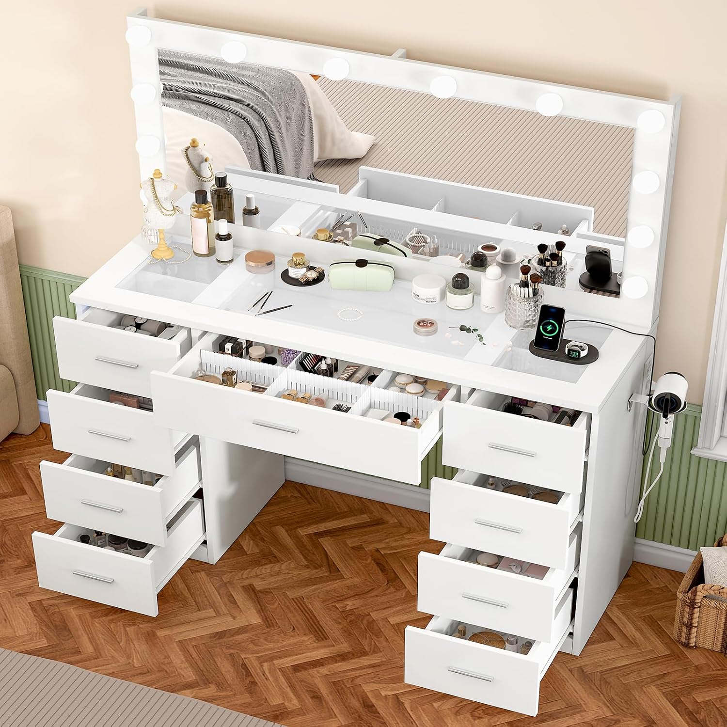 Fioneso 46" Vanity Desk With Glass Top & Lights Mirror, 3 Adjustable Lighting Color, Makeup Vanity With 9 Drawers And 12 Led Lights, Dressing Table For Bedroom, Vanity For Girls, White