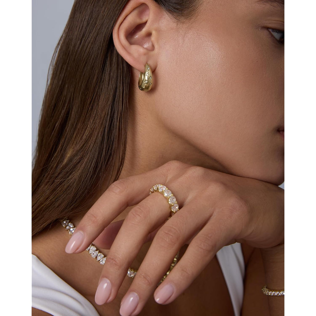 PAVOI Waterproof Gold Hoop Earrings for Women - 14K Gold Plated Chunky Huggie Hoop Earrings with Cubic Zirconia Starburst - Stainless Steel Trendy Summer Fashion Jewelry
