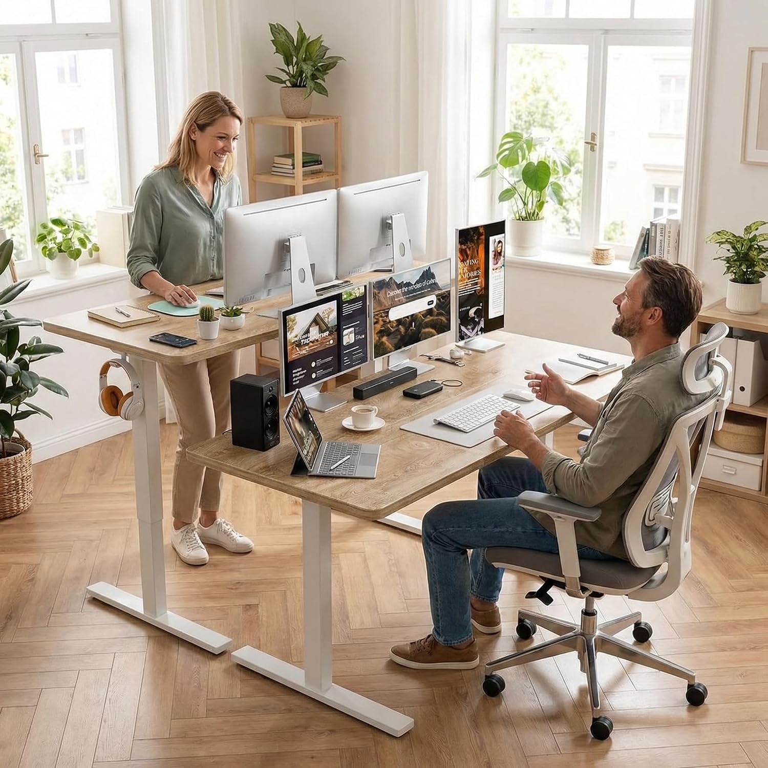 55X32 Extra-Deep Electric Standing Desk, Wide Desktop Fits 49" Ultrawide Monitor+Dual Screens, 176 Lbs Capacity, 2 Memory Presets, Anti Collision, Computer Desk For Home Office & Gaming, Oak