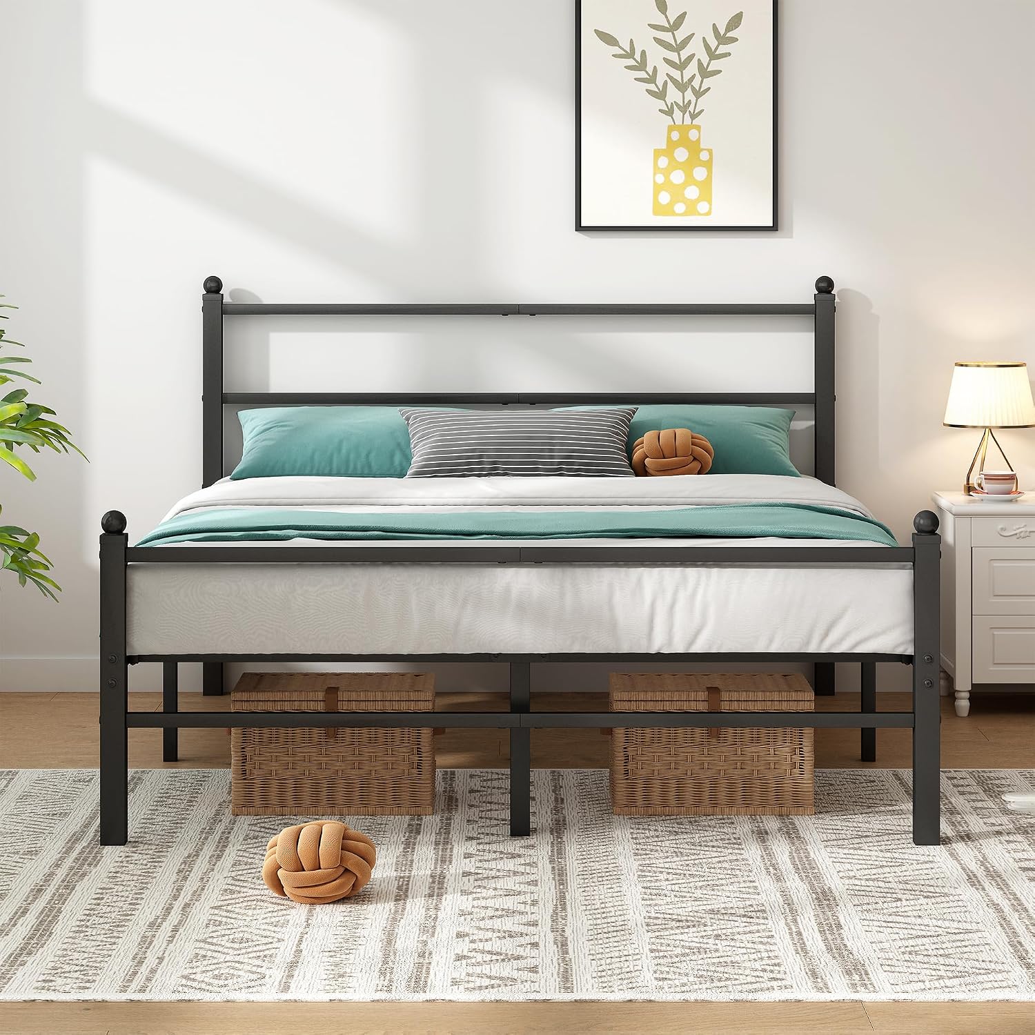 Queen Bed Frame With Headboard And Footboard, 14 Inch Metal Platform Bed Frame Queen Size With Steel Slat Support, No Box Spring Needed, Noise Free, Easy Assembly,