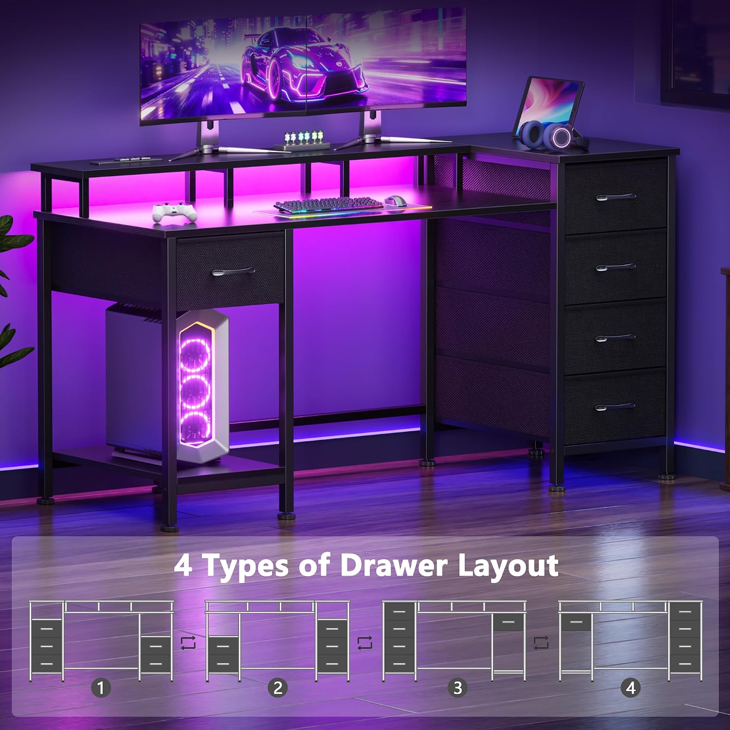 Korfile 47 Inch Gaming Desk With Power Outlets And Led Lights, Reversible Computer Desk With 5 Fabric Storage Drawers, Home Office Desk With Monitor Stand For Working Writing Study, Black