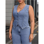 Floerns Women'S Plus Size Sleeveless Vest Denim Jacket Button Front V Neck Waistcoat