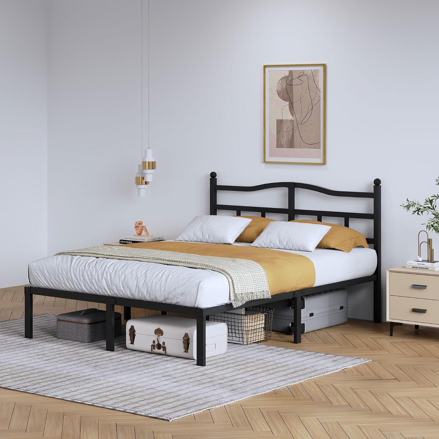 14 Inch Metal Bed Frame - Queen Size Heavy Duty Bedframe With Headboard Black Basic Steel Slats Platform No Box Spring Needed/Easy Assembly/Noise Free