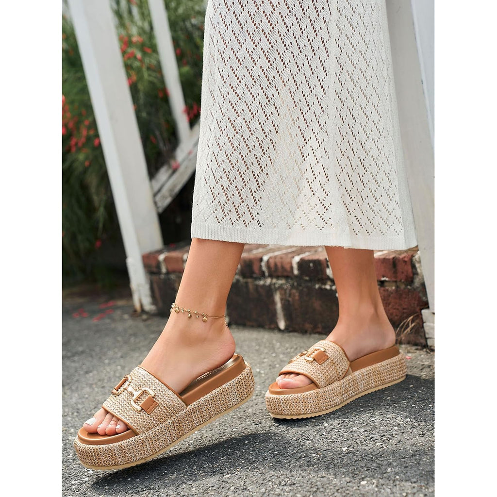 Coutgo Womens Platform Sandals Raffia Espadrilles Metal Chain Slip On Open Toe Cute Beach Slide Sandals
