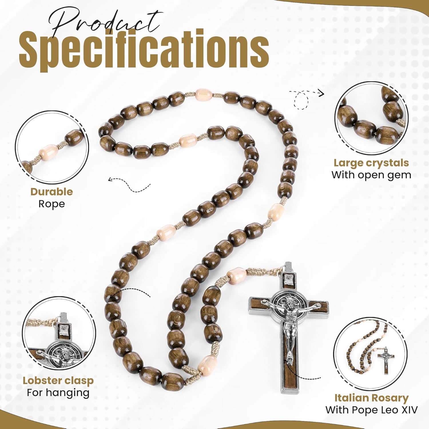 SANCTUM VERITAS Catholic Rosary Necklace | Large Bead Italian Rosary, Christian Prayer Beads for Car Mirror Decor, First Communion Religious Gift for Men and Women, Catholic Keepsake (Walnut Wood)