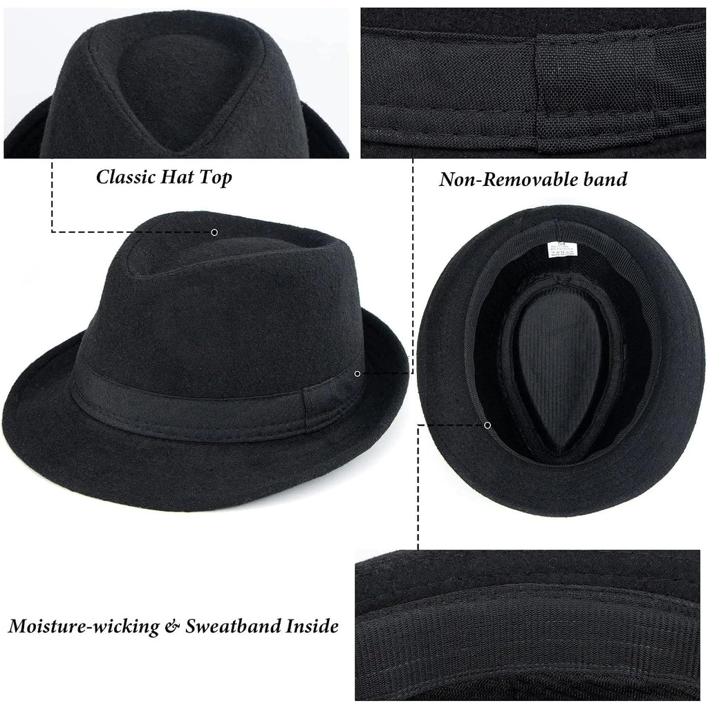 Unisex Classic 20s Trilby Fedora-Hat Casual Manhattan Short-Brim Structured Gangster Panama Felt Jazz Cap Black