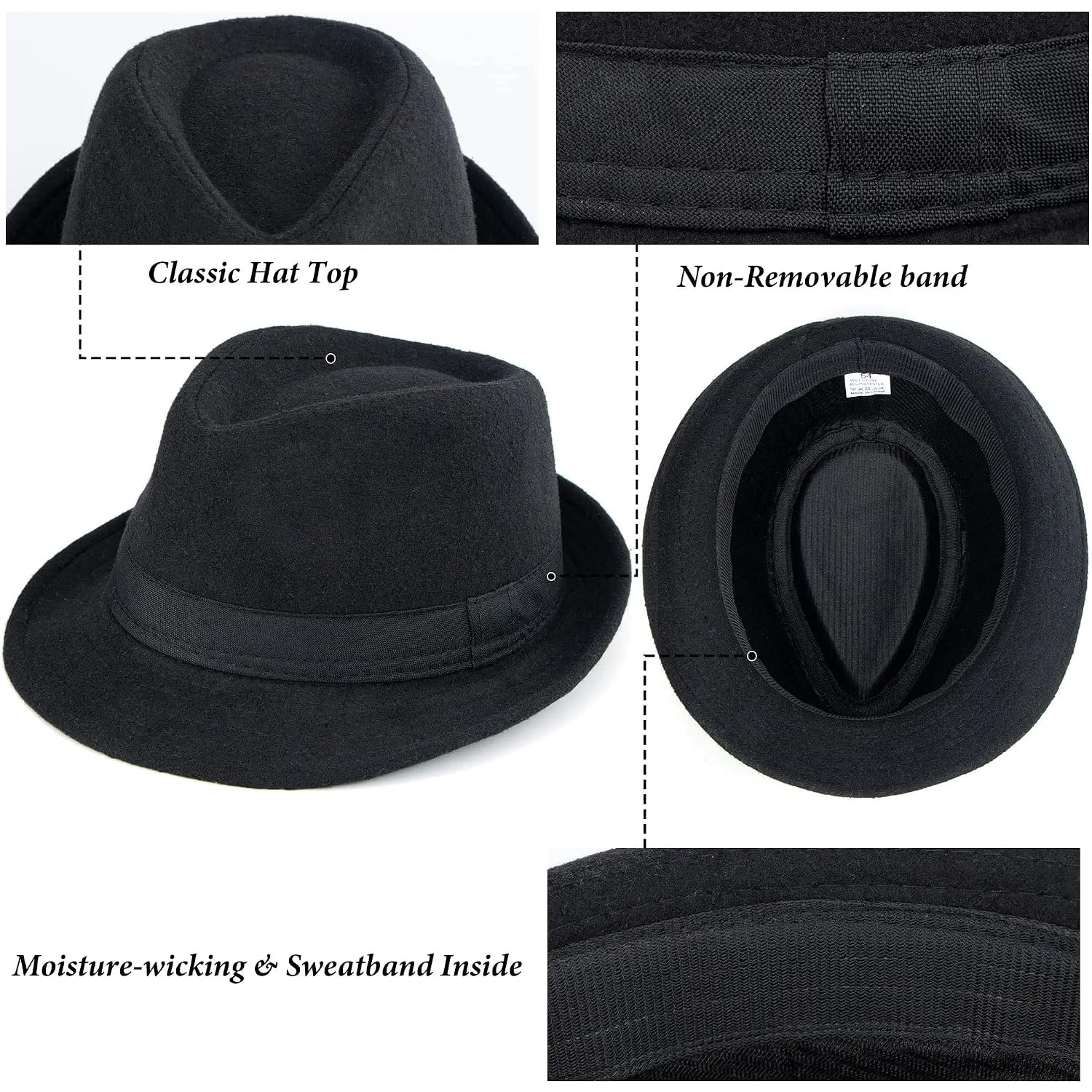 Unisex Classic 20s Trilby Fedora-Hat Casual Manhattan Short-Brim Structured Gangster Panama Felt Jazz Cap Black