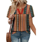 Ofeefan Womens Summer Tops Boho Short Sleeve Shirts V Neck Fashion Lace Blouses Dressy Casual Flowy Holiday Outfits