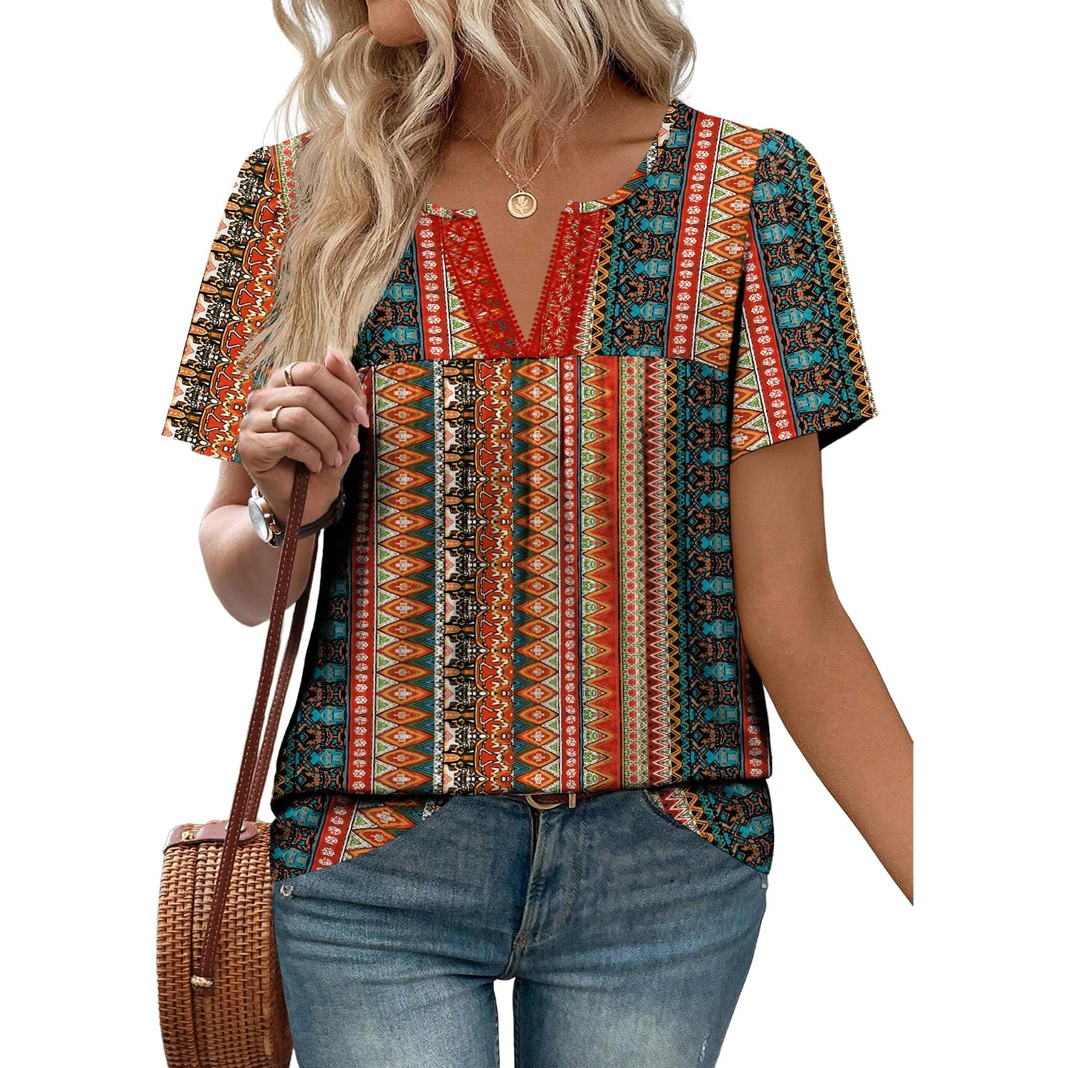Ofeefan Womens Summer Tops Boho Short Sleeve Shirts V Neck Fashion Lace Blouses Dressy Casual Flowy Holiday Outfits