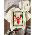 Verdusa Women's Summer Lobster Funny Shirts Drop Shoulder Graphic Tees Cute Shirts Beige