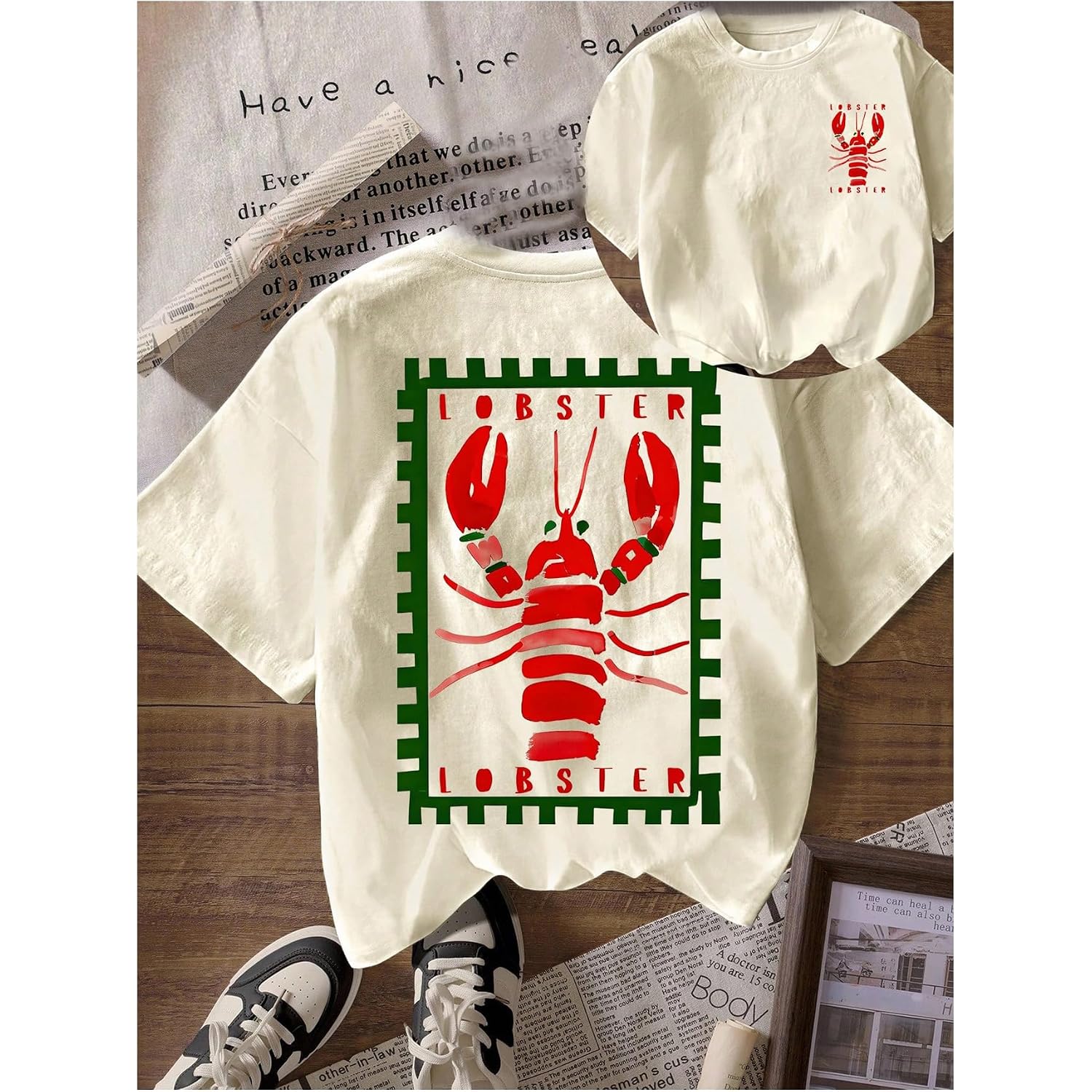 Verdusa Women's Summer Lobster Funny Shirts Drop Shoulder Graphic Tees Cute Shirts Beige
