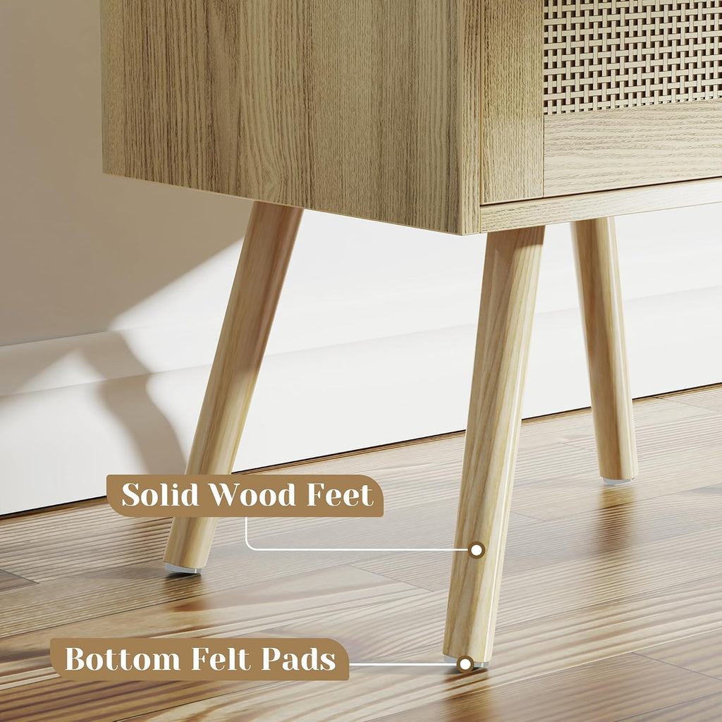 Superjare Nightstands Set Of 2, Night Stands With Charging Station & Pe Rattan Decor Drawer, Bed Side Tables With Solid Wood Feet, End Table, For Bedroom, Living Room - Natural