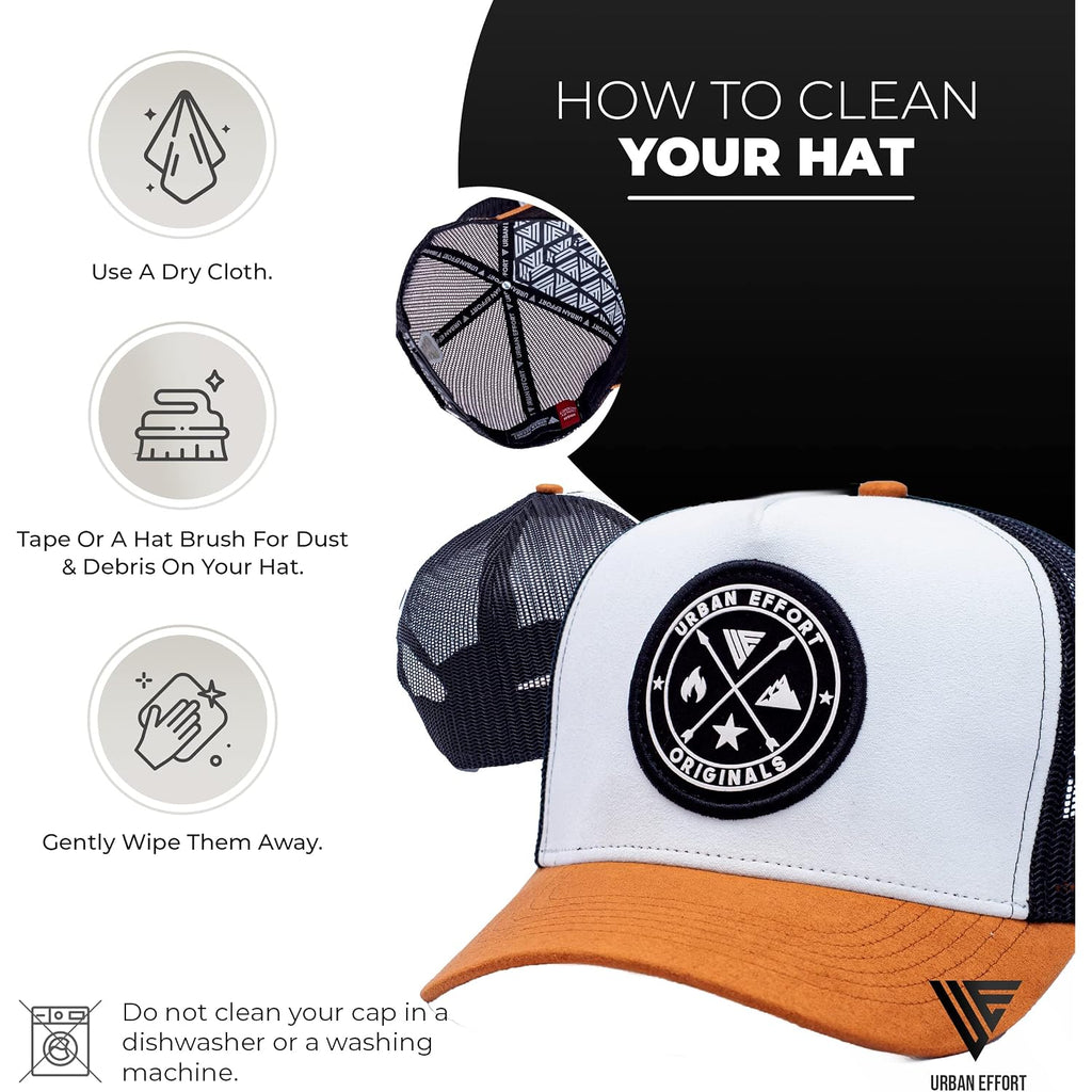 Tucker Hats for Men - Mesh Back Cap Women Baseball Hat 5-Panel-Great Baseball Snapback Closure White+ Brown Black Patch