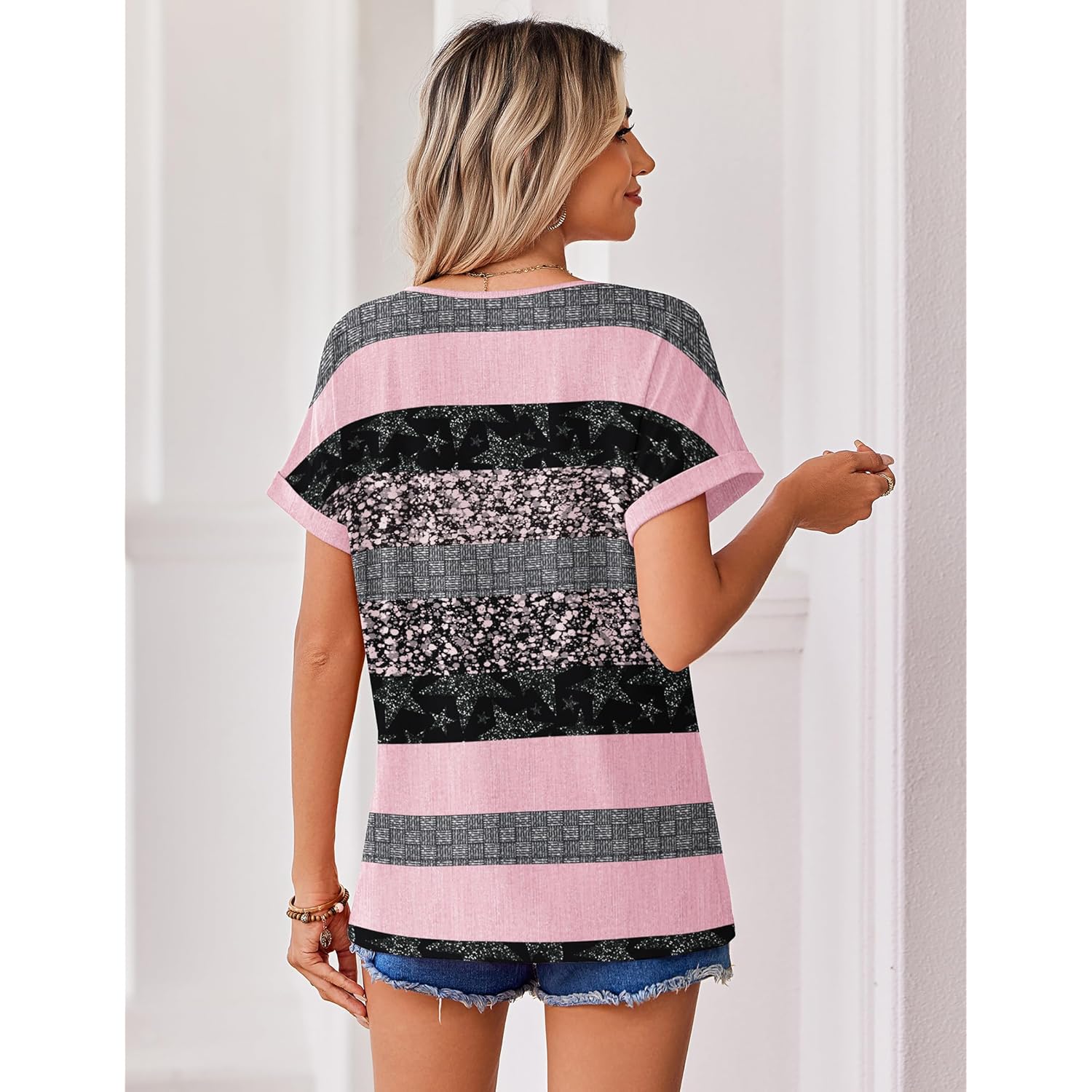 Womens Summer Tops Rolled Short Sleeve V Neck Shirts Casual Dressy Business Work Blouses Outfits
