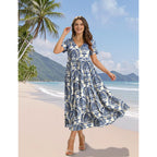Yesno Women'S Summer Maxi Dresses Casual Floral Short Sleeve V Neck Boho Beach Vacation Swing Dress With Pockets Evf