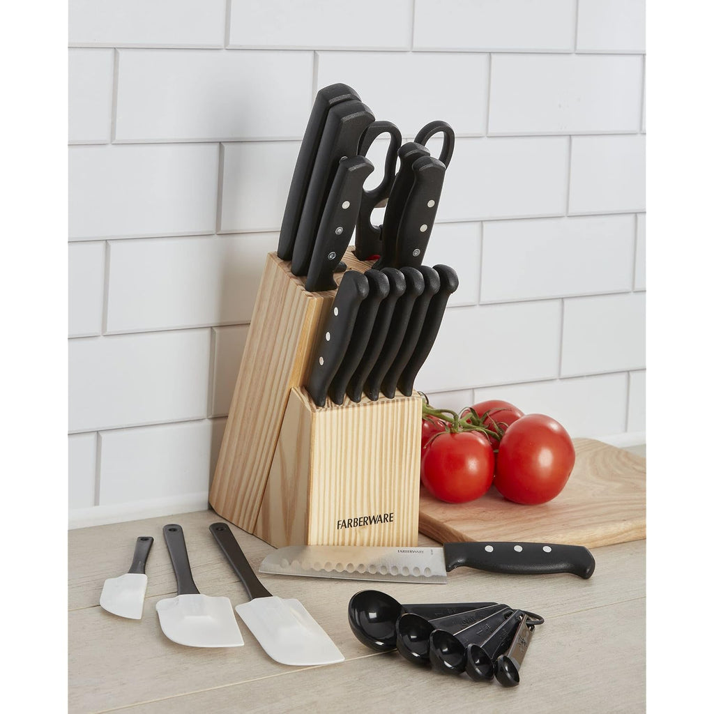 Farberware Knife Block Set 22-Piece Kitchen Knife Set With High-Carbon Stainless Steel Blades, Non-Slip Handles, Chef Knife, Santoku, Steak Knives, Scissors, Sharpening Steel, And Storage Block