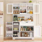 Vongrasig Kitchen Pantry Cabinet, Large Kitchen Hutch Formhouse Storage Cabinet With Microwave Stand, Tall Food Pantry For Dining Room, Living Room, White