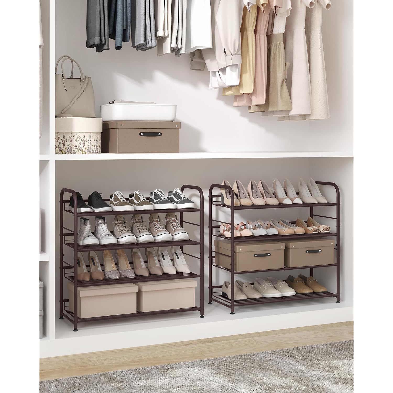 Songmics Stackable Shoe Rack, 4 Tier Metal Shoes Rack Storage Shelf, Holds Up To 16 Pairs Shoes, Adjustable Slanted Shelves Tower Organizer For Closet Entryway Small Spaces, Bronze