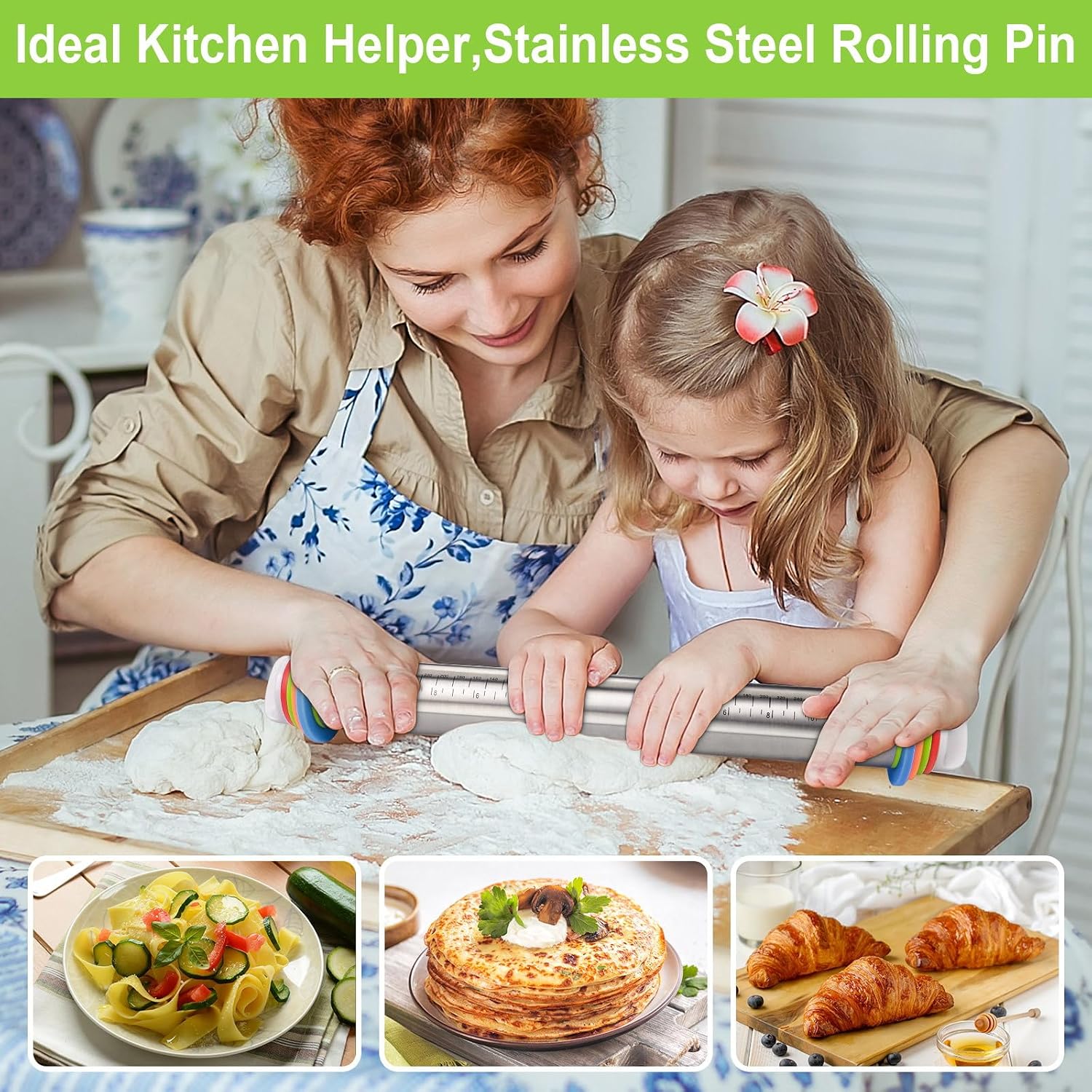 Adjustable Rolling Pin With Thickness Rings For Baking, Stainless Steel Designs Dough Roller Pins For Cookie Decorating Baking Supplies Fondant Cake Baker